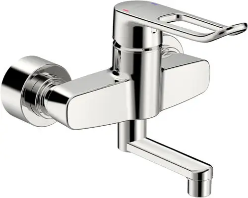 Einhebelmischer in Chrom-Ausführung von HANSA mit langem Bügelhebel und ausgezogenem Wasserfluss, geeignet für Waschbeckenmontage.